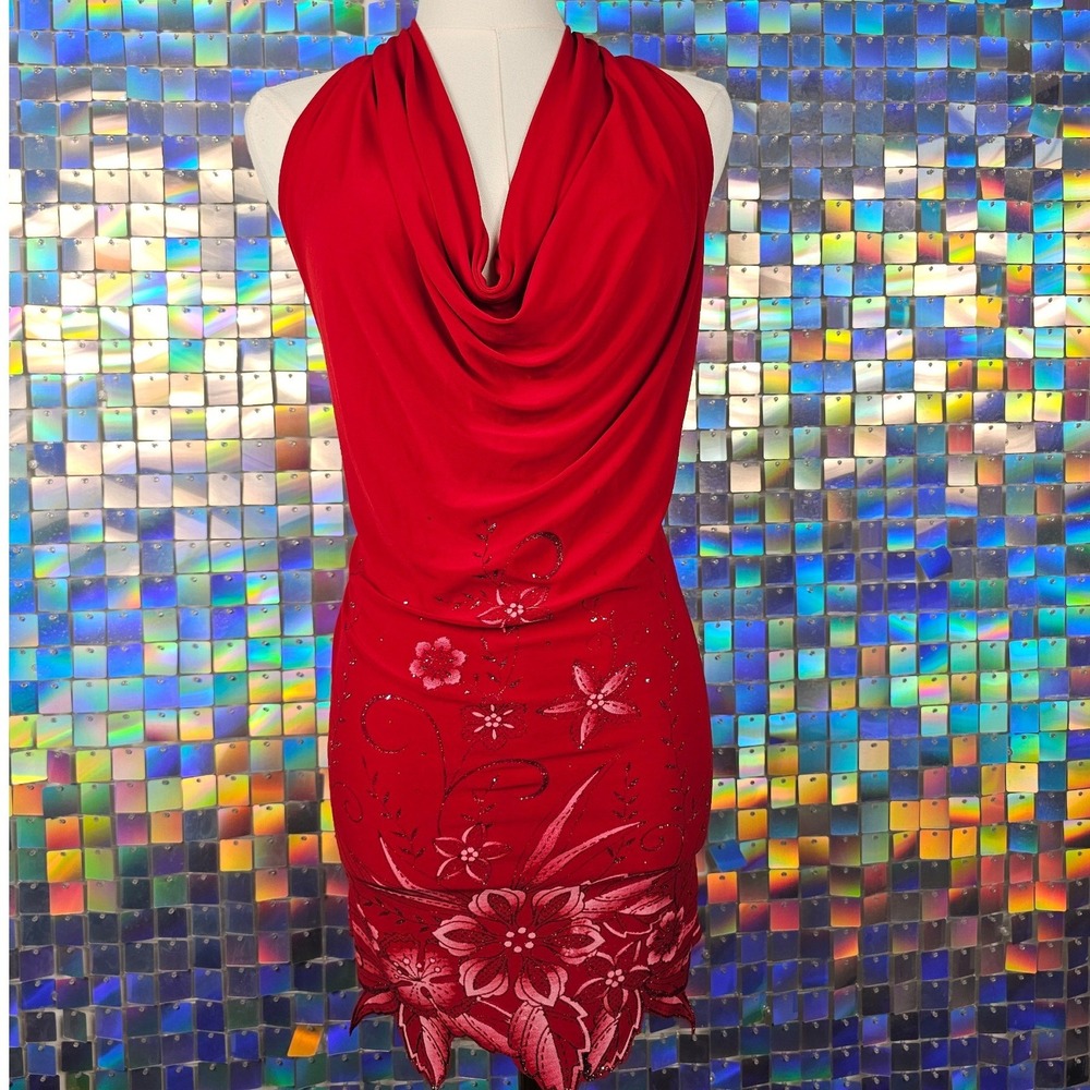 Halter Mini Dress Women Size M Red Excellent Floral Glitter Cowl Neck - Picture 2 of 10